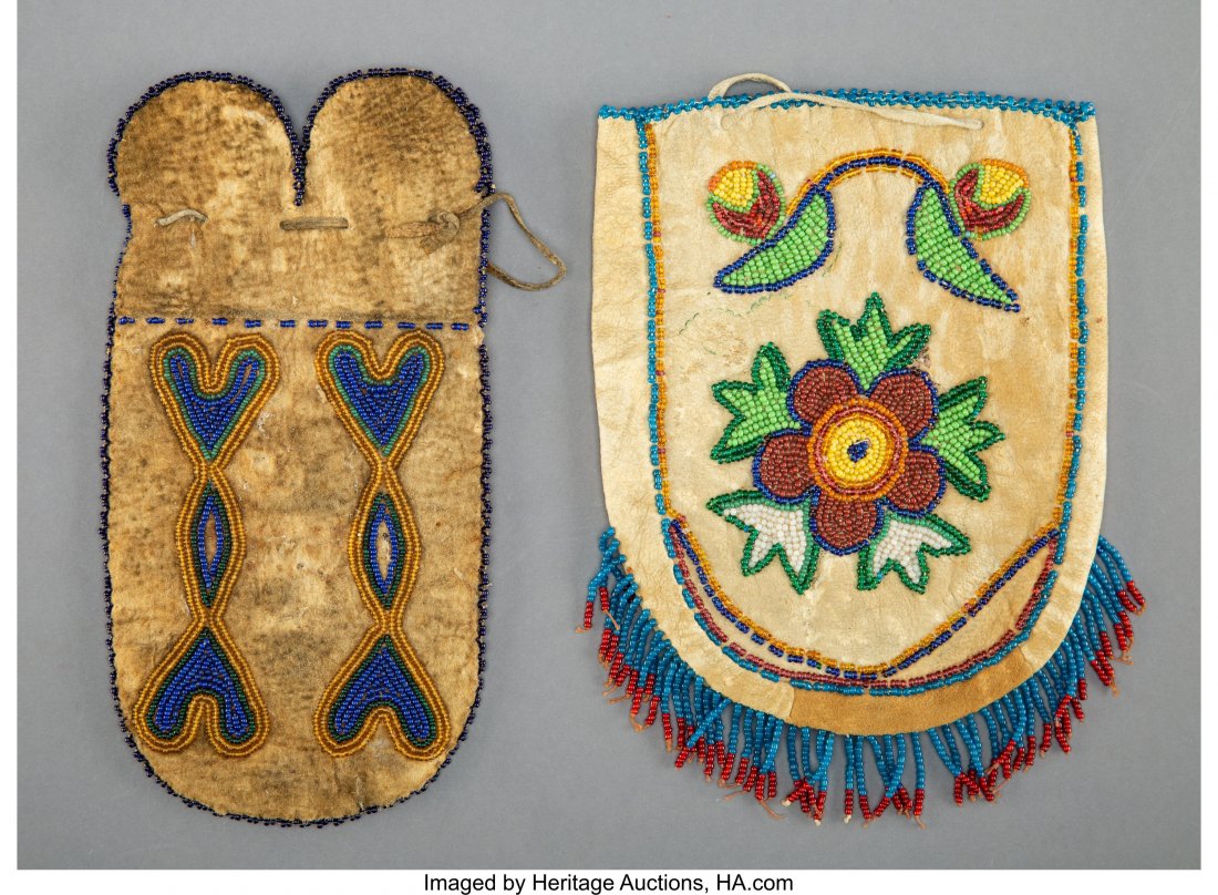 Two Northern Plains / Great Lakes Beaded Hide Po: Two Northern Plains / Great Lakes Beaded Hide Pouches Lengths: 7 and 8 inches, excluding beaded fringe HID03101242017