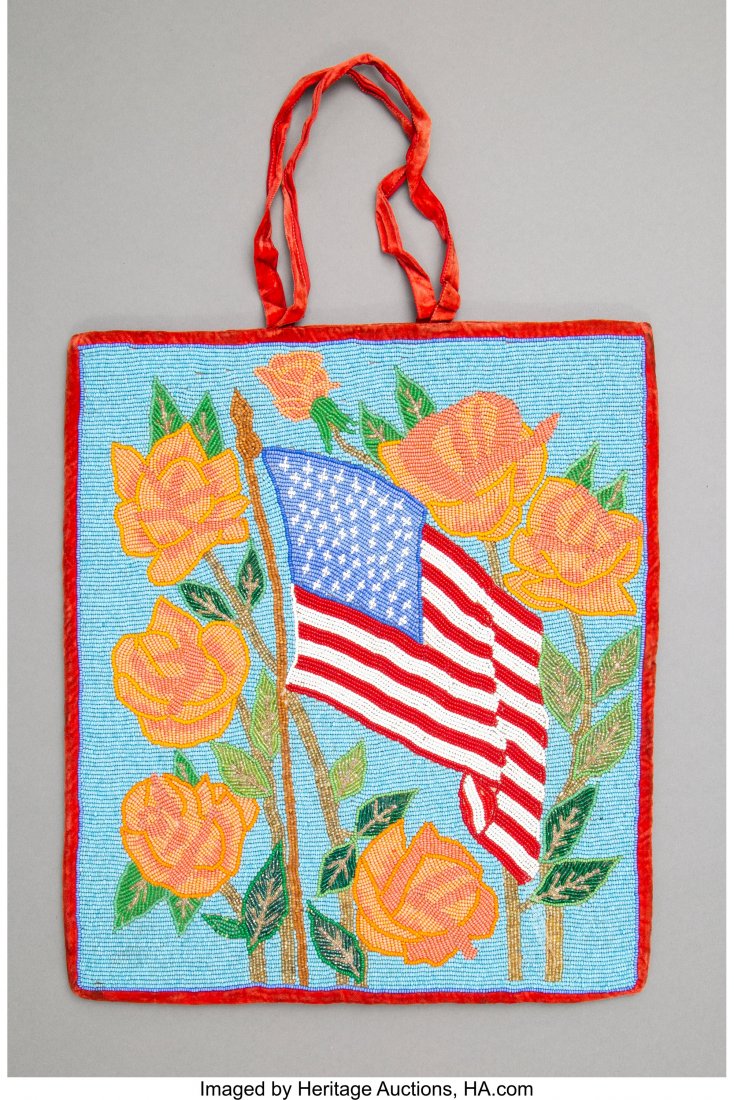 A Plateau Pictorial Beaded Hide Flat Bag c. 192: A Plateau Pictorial Beaded Hide Flat Bag c. 1925 hide, glass seed beads, cotton cloth, velour, thread Dimensions: 15 x 13 &frac14; inches HID03101242017