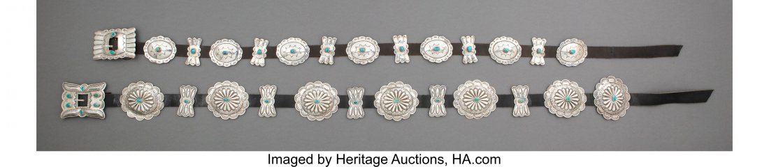 Two Navajo Concho Belts c. 1950 and 1980 silve: Two Navajo Concho Belts c. 1950 and 1980 silver, turquoise, copper, commercial leather Lengths: 40 &frac14; and 44 &frac14; inches HID03101242017