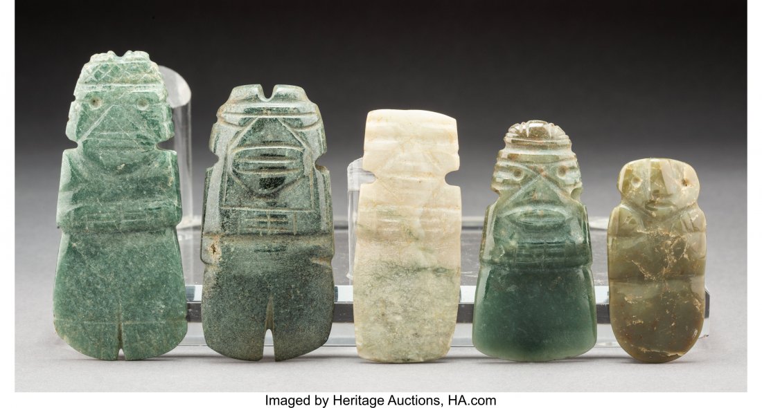 Five Jade Axe-God Celt Pendants Costa Rica, c. : Five Jade Axe-God Celt Pendants Costa Rica, c. 100 - 700 AD Each drilled through neck for suspension. Heights: ranging from 2 &frac12; to 3 &frac34; inches HID03101242017