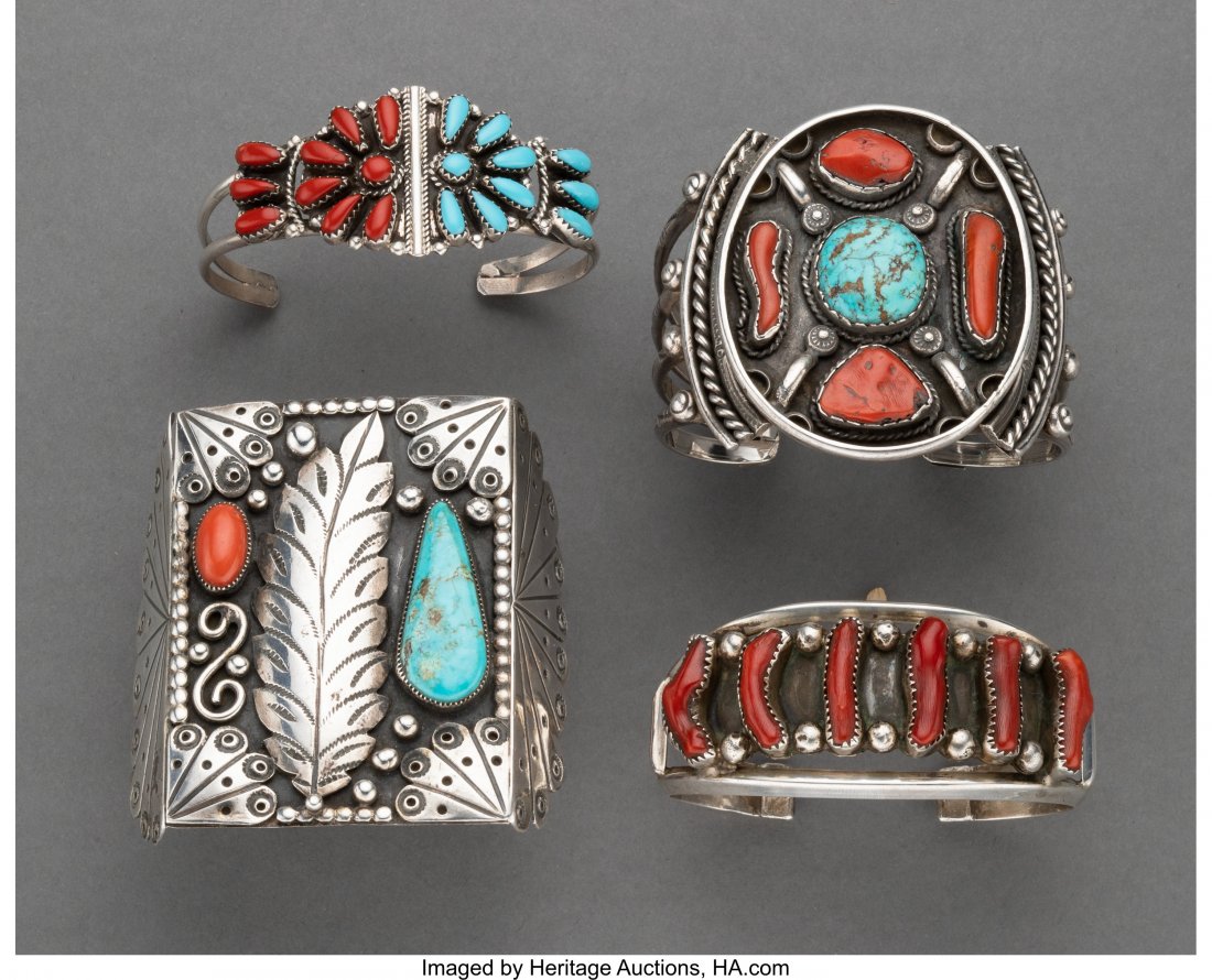 Four Navajo Bracelets c. 1975 silver, turquoi: Four Navajo Bracelets c. 1975 silver, turquoise, coral, the smallest stamped P. G. Nes, Sterling Widths: 2 &frac12; inches HID03101242017