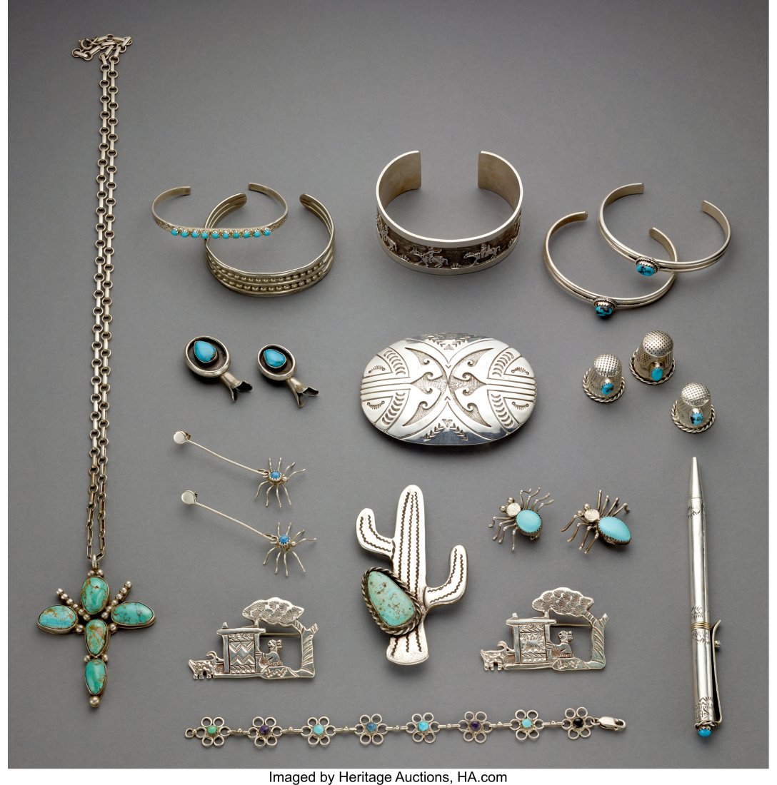 Nineteen Southwest Jewelry Items c. 1985 inclu: Nineteen Southwest Jewelry Items c. 1985 including a necklace; five bracelets, two stamped CT, Sterling; a pair of squash blossoms; a belt buckle stamped R A Lewis, Sterling; three thimbles; a pair of