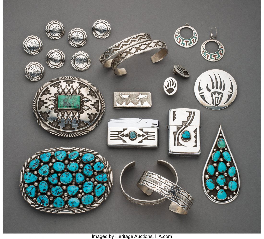 Fourteen Southwest Jewelry Items c. 1970 - 1990: Fourteen Southwest Jewelry Items c. 1970 - 1990 including a set of seven buttons, each stamped MC, Sterling; a pair of bracelets, each stamped Emerson, Sterling; two pairs of earrings, one with matchi