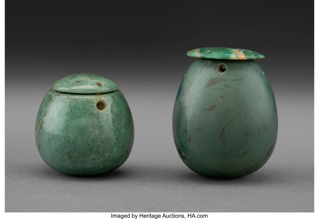 Two Unusual Jade Vessels with Associated Lids C: Two Unusual Jade Vessels with Associated Lids Central America, circa 500 – 1000 AD. Provenance: Private collection, Atlanta, GA Enrique Vargas Alfaro, 1960s. Mr. Alfaro was the source of high qu