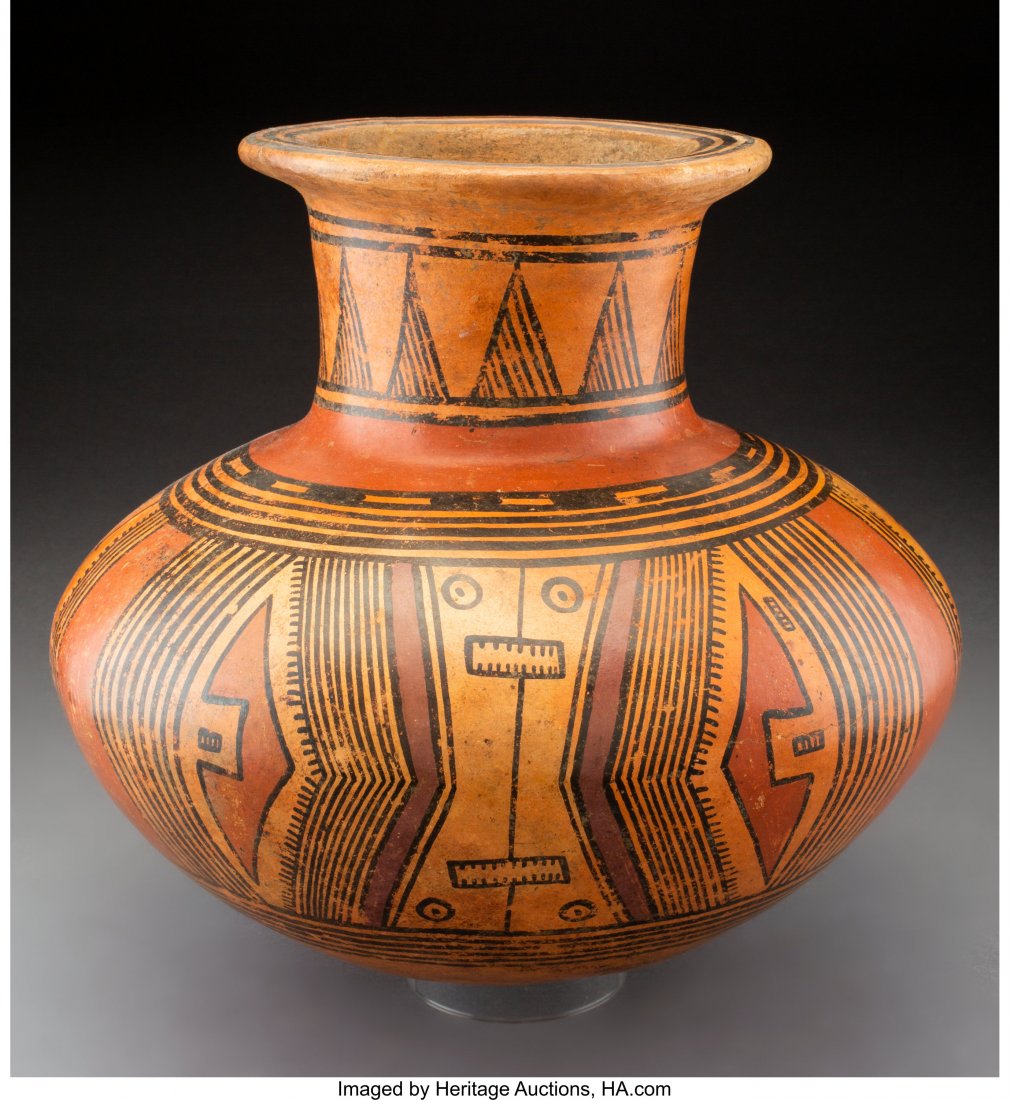 A Large Tonosi Jar Panama, c. 250 – 500 : A Large Tonosi Jar Panama, c. 250 – 500 AD A large sub-globular jar with tall neck, expertly fashioned from earthenware with orange, black, tan, and purple paints in large graphic designs includ