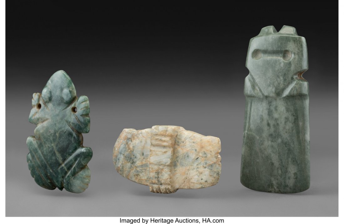 Three Jade Pendants Costa Rica, c. 300 –: Three Jade Pendants Costa Rica, c. 300 – 700 AD Including a frog in semi-translucent dark green jade; an owl-like celt, and a bat in mottled grey and cream jade. All in excellent condition. Heig