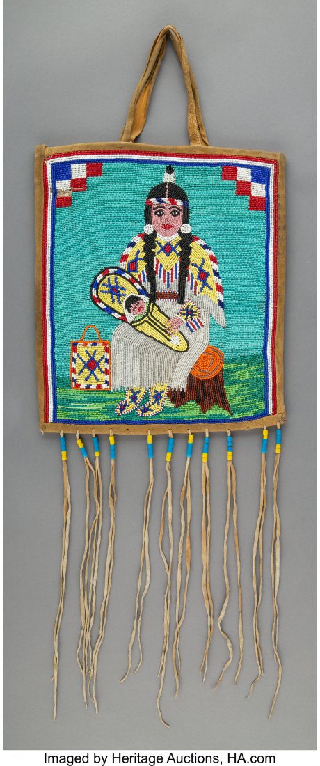 A Plateau Beaded Hide Flat Bag c. 1940 hide, : A Plateau Beaded Hide Flat Bag c. 1940 hide, glass beads, tubular glass beads, corduroy and cotton cloth, thread Height: 13 &frac34; inches, excluding attachments HID03101242017