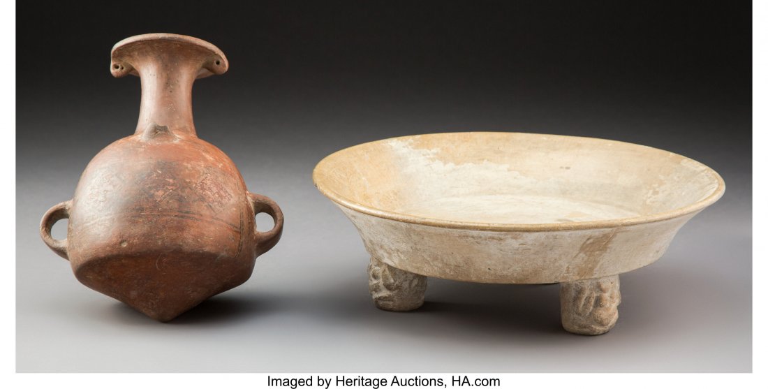 Two Pre-Columbian Vessels A Maya tripod plate w: Two Pre-Columbian Vessels A Maya tripod plate with figural legs and an Inca aryballos Provenance: From the collection of Dr. and Mrs. Henry Gans Diameter of plate: 11 &frac12; inches HID0310124201