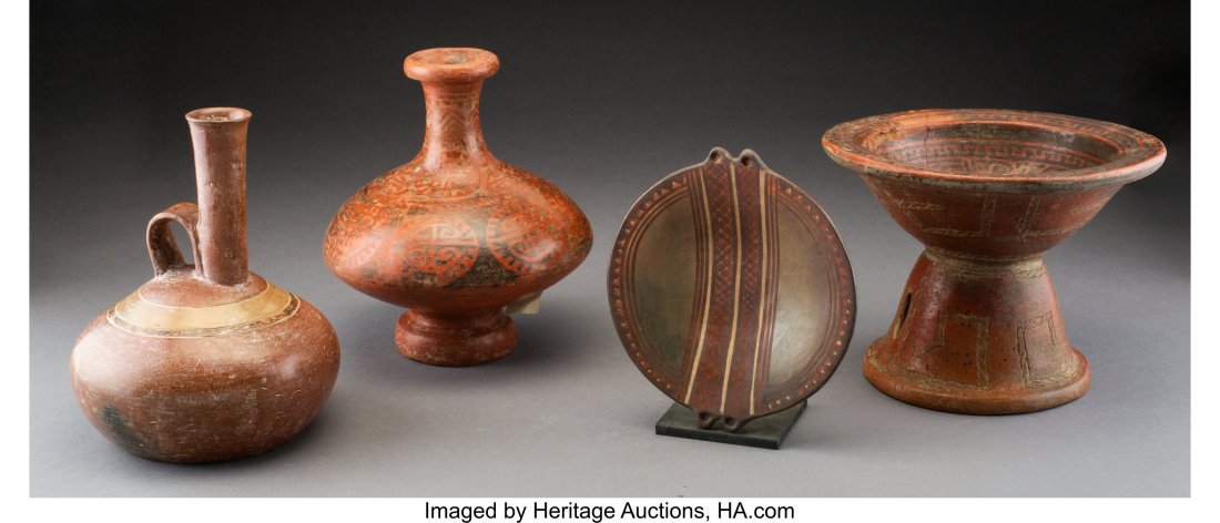 Four Fine Ceramic Vessels South America, c. 500: Four Fine Ceramic Vessels South America, c. 500 – 1500 AD Including a small but exquisite Inca plate; a Narino pedestal bowl with black on red wax resist designs; a Chorrera vessel with long nec