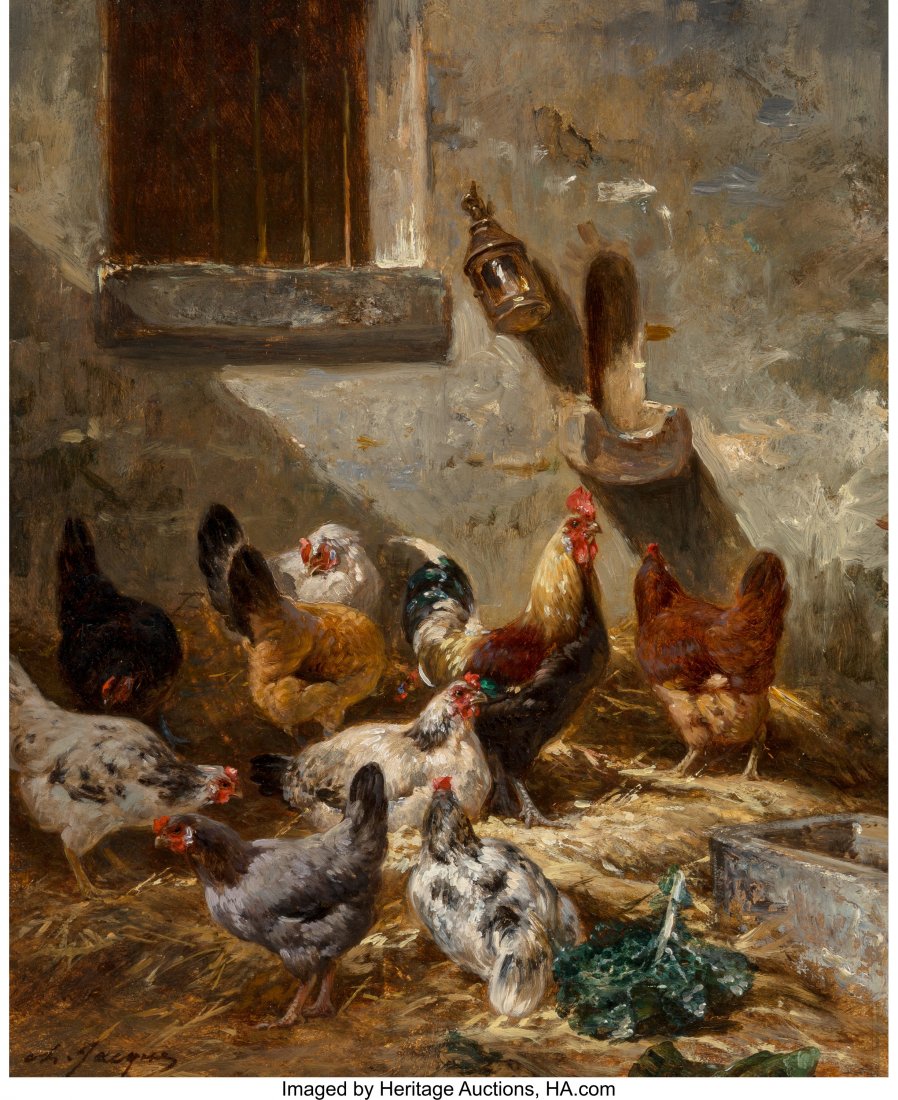 Charles Émile Jacque (French, 1813-1894): Charles Émile Jacque (French, 1813-1894) Coq et poules dans la basse-cour Oil on panel 16-3/4 x 13-1/2 inches (42.5 x 34.3 cm) Signed lower left: ch. Jacque PROVENANCE: Private collection, Wash