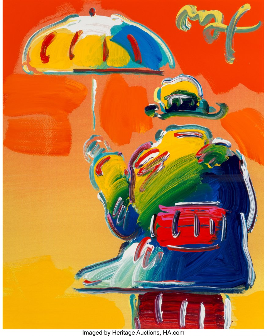 Peter Max (American, b. 1937) Umbrella Man Litho: Peter Max (American, b. 1937) Umbrella Man Lithograph with hand coloring on paper 19-1/2 x 15-1/2 inches (49.5 x 39.4 cm) (sight) Signed upper right HID03101242017