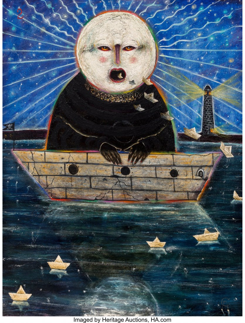 Alejandro Colunga (Mexican, b. 1948) Luna Escupi: Alejandro Colunga (Mexican, b. 1948) Luna Escupiendo Barquitos, 1991 Oil on canvas 65 x 49-1/2 inches (165.1 x 125.7 cm) Signed, dated, and titled on the reverse: "Luna Escupiendo / Barquitos" 1991 /