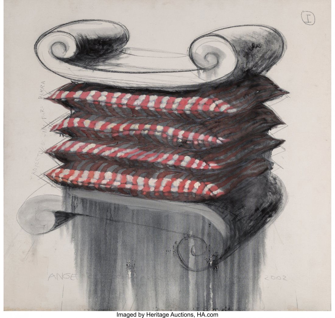 Angel Ricardo Rios (Cuban, b. 1965) Proyecto de: Angel Ricardo Rios (Cuban, b. 1965) Proyecto de Silla para Barra, 2002 Mixed media on canvas 58-1/2 x 61-1/2 inches (148.6 x 156.2 cm) Signed, dated, and inscribed along bottom edge: Angel Ricardo Ric