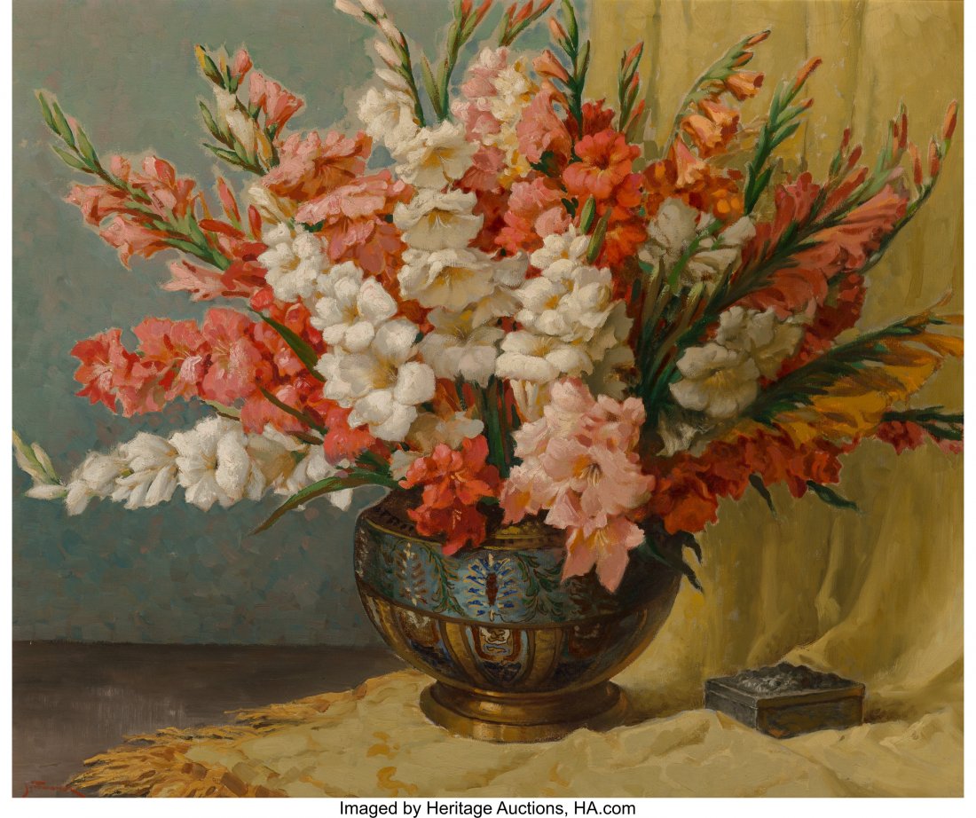 Joseph Tomanek (American, 1889-1974) Gladiolas O: Joseph Tomanek (American, 1889-1974) Gladiolas Oil on canvas 30 x 36 inches (76.2 x 91.4 cm) Signed lower left: J. Tomanek PROVENANCE: Chicago Gallery Association, Chicago, Illinois. HID03101242017