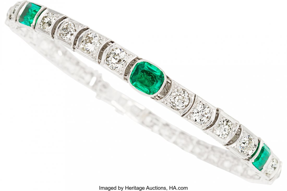Art Deco Emerald, Diamond, Platinum Bracelet, Va (1 of 5)