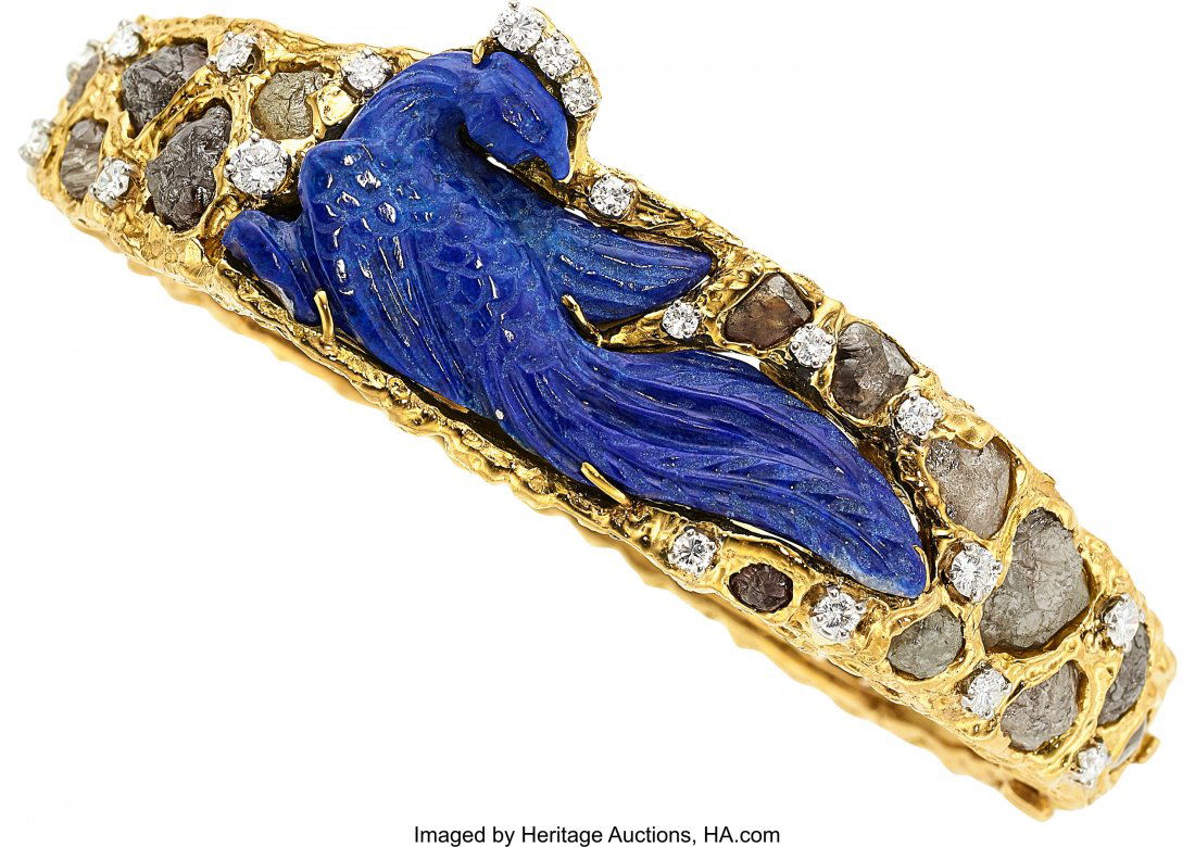 Lapis Lazuli, Diamond, Gold Bracelet, Peter Lind: Lapis Lazuli, Diamond, Gold Bracelet, Peter Lindeman The hinged bangle features a carved lapis lazuli pheasant, enhanced by rough colored diamond crystals weighing a total of approximately 18.00 carat
