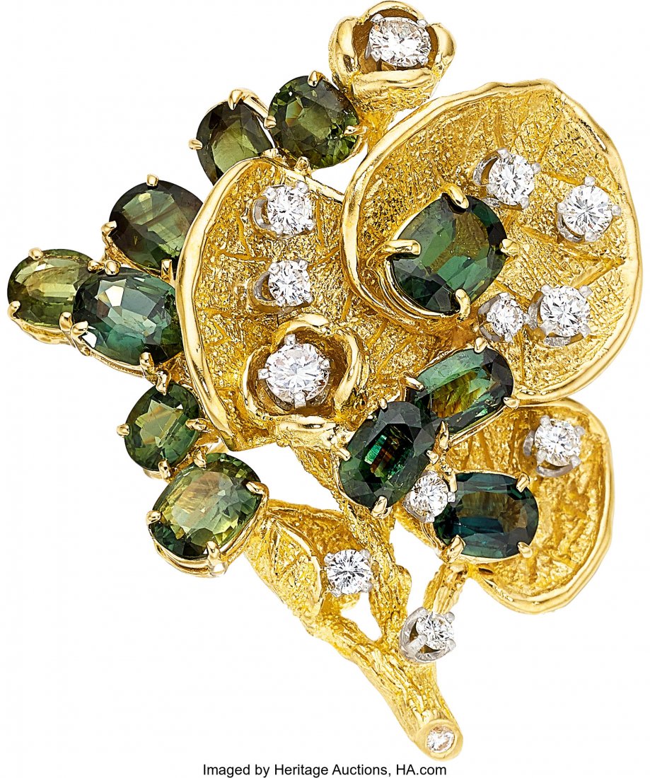 Green Sapphire, Diamond, Gold Brooch, Peter Lind: Green Sapphire, Diamond, Gold Brooch, Peter Lindeman The Leaf brooch features oval-shaped green sapphires weighing a total of approximately 10.00 carats, enhanced by full-cut diamonds weighing a total