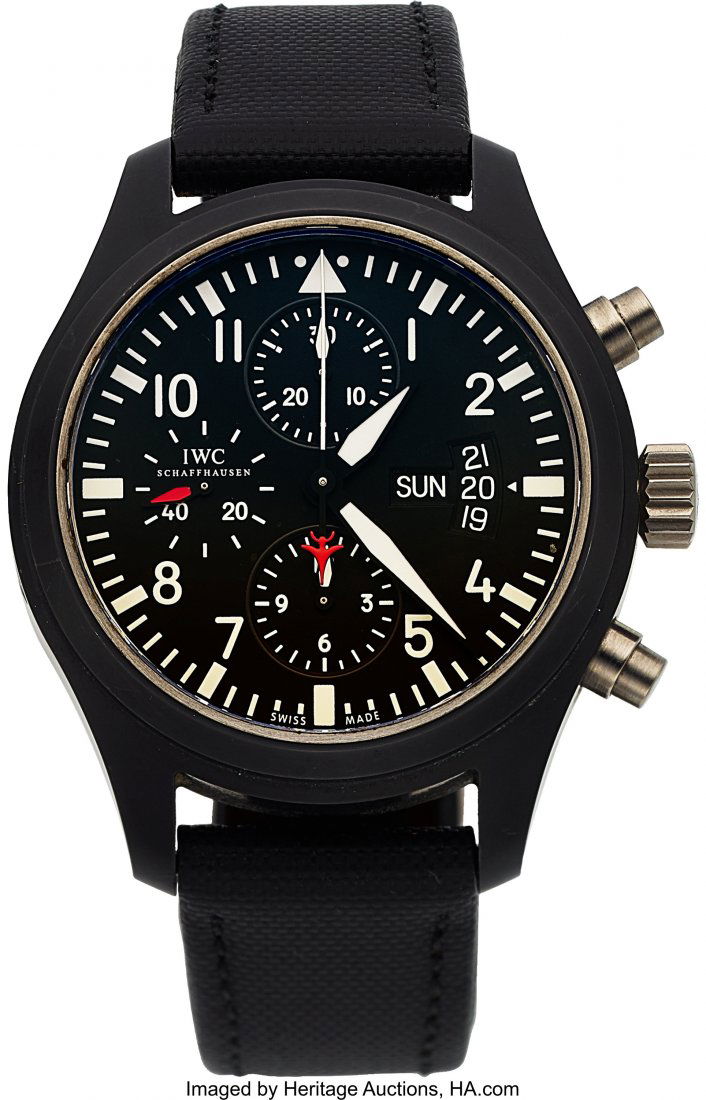 IWC, Ref 3789 Fliegeruhr Chrono-Automatic, Top G: IWC, Ref 3789 Fliegeruhr Chrono-Automatic, Top Gun Edition, Ceramic Case, Circa 2011 Case: 44 mm, two body, screw down titanium back with central Top Gun logo, round push buttons, screw down crown, No