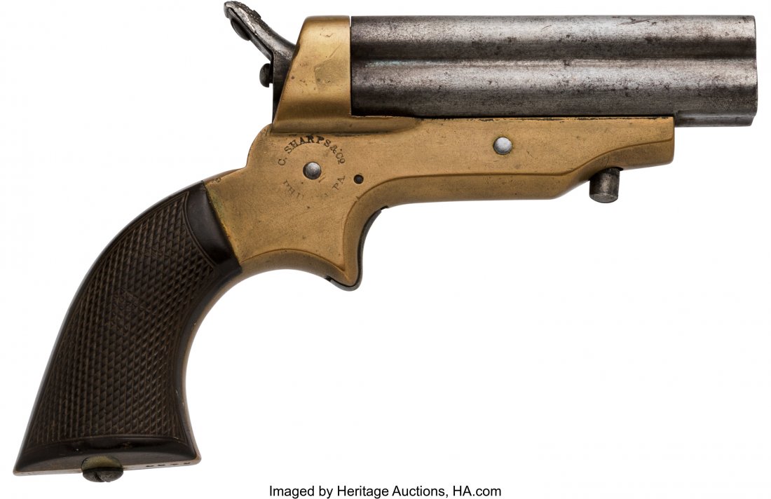 C. Sharps Four Barrel Pepperbox Pistol. Serial: C. Sharps Four Barrel Pepperbox Pistol. Serial no. 5480 [barrel and butt], .30 caliber, 3-inch barrel cluster with fixed front bead sight and frame notch rear sight. Brass frame. Spur trigger. Checker