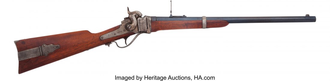 C. Sharps New Model 1863 Percussion Saddle Ring : C. Sharps New Model 1863 Percussion Saddle Ring Carbine. Serial no. C29490, .52 caliber, 22-inch barrel with fixed front sight and rear ladder sight. Blued and case-hardened finish. Top of barrel mark