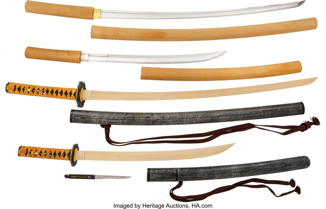 A Beautiful Daisho with Both Blades in Full Poli: A Beautiful Daisho with Both Blades in Full Polish, Best Quaility Samegawa Sayas. Comprising; 1) The Katana is Koto Period. 69.5 inch cutting edge with finely cut Hi (grooves) extending the nakago. Co