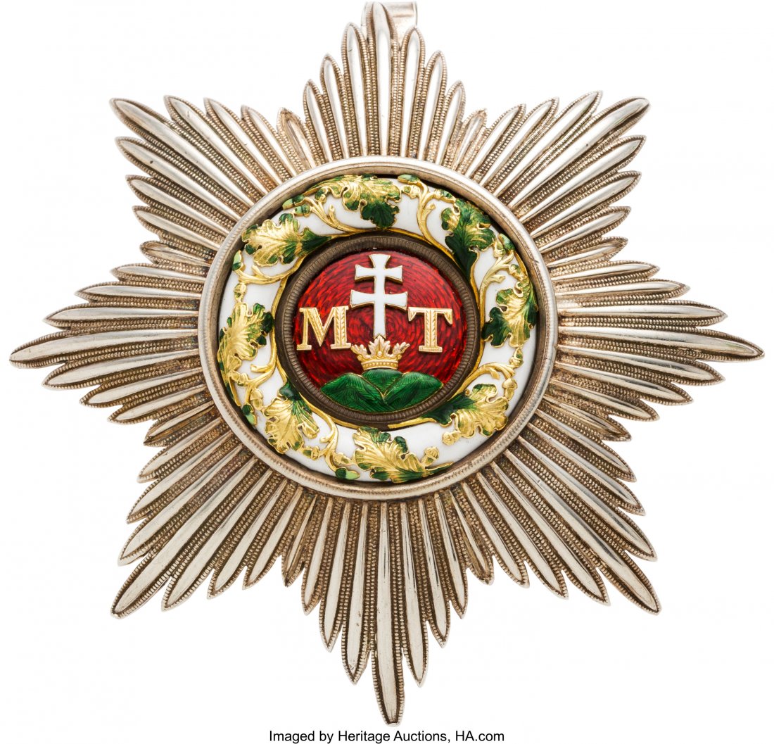 Hungarian Order of St. Stephen Breast Pin. 3" : Hungarian Order of St. Stephen Breast Pin. 3" square badge with eight points and a radiating pattern around the border. The central emblem is beautifully enameled in green, red and white. No markings 
