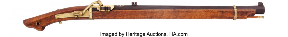 Good Short Heavy Japanese Matchlock Tanegashima.: Good Short Heavy Japanese Matchlock Tanegashima. With good heavy russet iron 26 3/8-inch round barrel with top flat. Bore approximately 70 caliber. Silver mon (a later addition). Meiji registration ma
