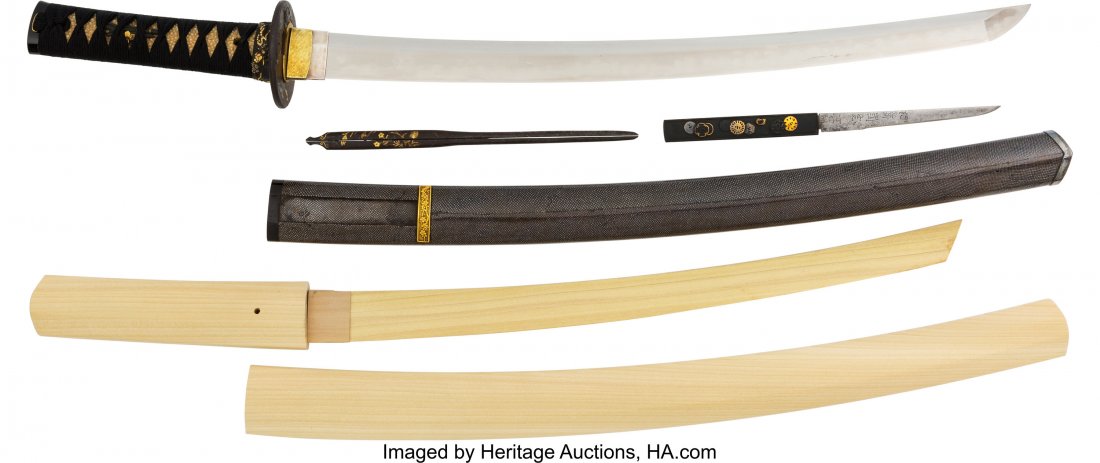 Japanese Shinto Wakizashi with Complex Choji Mid: Japanese Shinto Wakizashi with Complex Choji Midare Hamon with Bokken Training Sword. Comprising: 1.) A beautiful Wakizashi in lacquered wooden scabbard with Kogatana. 25 1/2-inches in overall length 