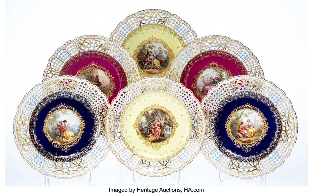 Twelve Meissen Enameled and Partial Gilt Porcela: Twelve Meissen Enameled and Partial Gilt Porcelain Plates with Reticulated Rims, Meissen, Germany, 19th century Marks: (crossed swords in underglaze blue), 63, (various) 10-1/4 inches (26.0 cm) (each)