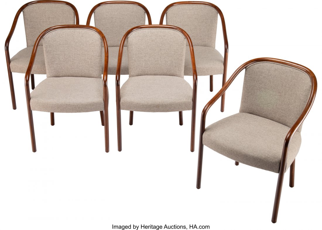Six Ward Bennett for Brickel Associates Walnut A: Six Ward Bennett for Brickel Associates Walnut Armchairs with Knoll Upholstery, manufactured 1984 Marks: WARD BENNETT DESIGNS FOR BRICKEL ASSOCIATES 31-1/4 x 23-1/2 x 24-1/2 inches (79.4 x 59.7 x 62.2