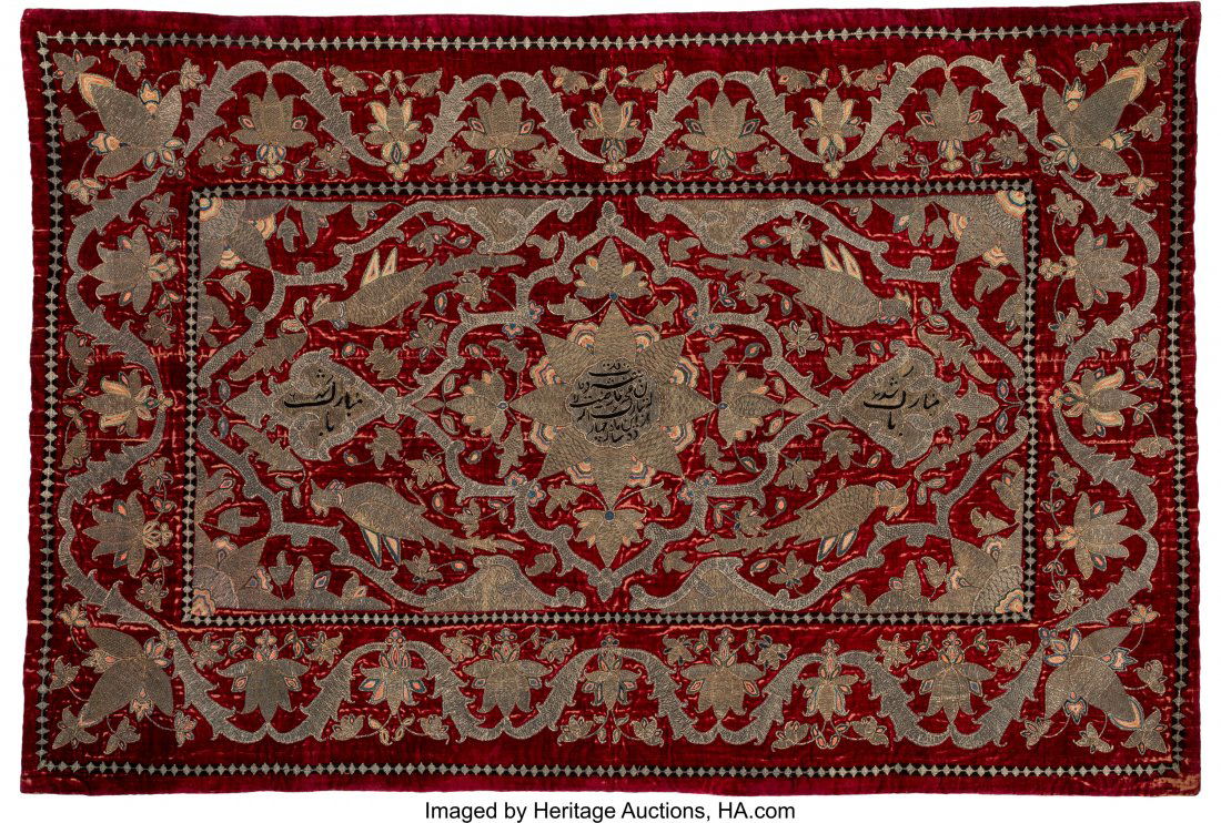 An Ottoman Embroidered Velvet Panel, late 19th-e (1 of 2)