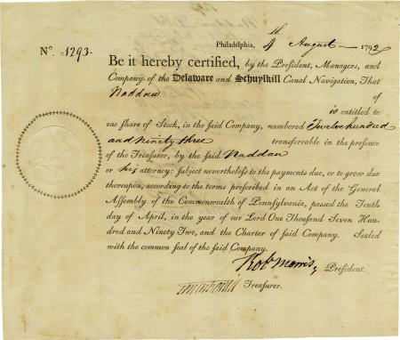 Robert Morris Signed Delaware and Schuylkill