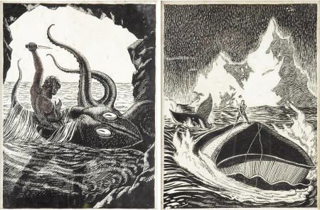 PETER HURD - Moby Dick & Devilfish Scratchboard