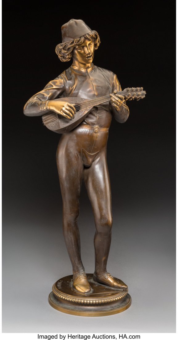 Paul Dubois (French, 1829-1905) The Florentine S: Paul Dubois (French, 1829-1905) The Florentine Singer, circa 1865 Bronze with brown patina 24-3/4 inches (62.9 cm) Inscribed on base with 'Reduction Mechanique' seal: P. Dubois F. Barbadienne Foundeur