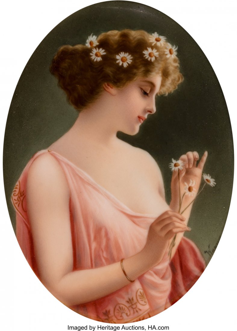 A KPM Painted Porcelain Plaque by Wagner after A: A KPM Painted Porcelain Plaque by Wagner after Arno von Rießen in Giltwood Frame, Berlin, circa 1900 Marks: KPM, (scepter), W, C 6-1/2 x 4-3/4 inches (16.5 x 12.1 cm) Inscribed Marguerite, Rie&s