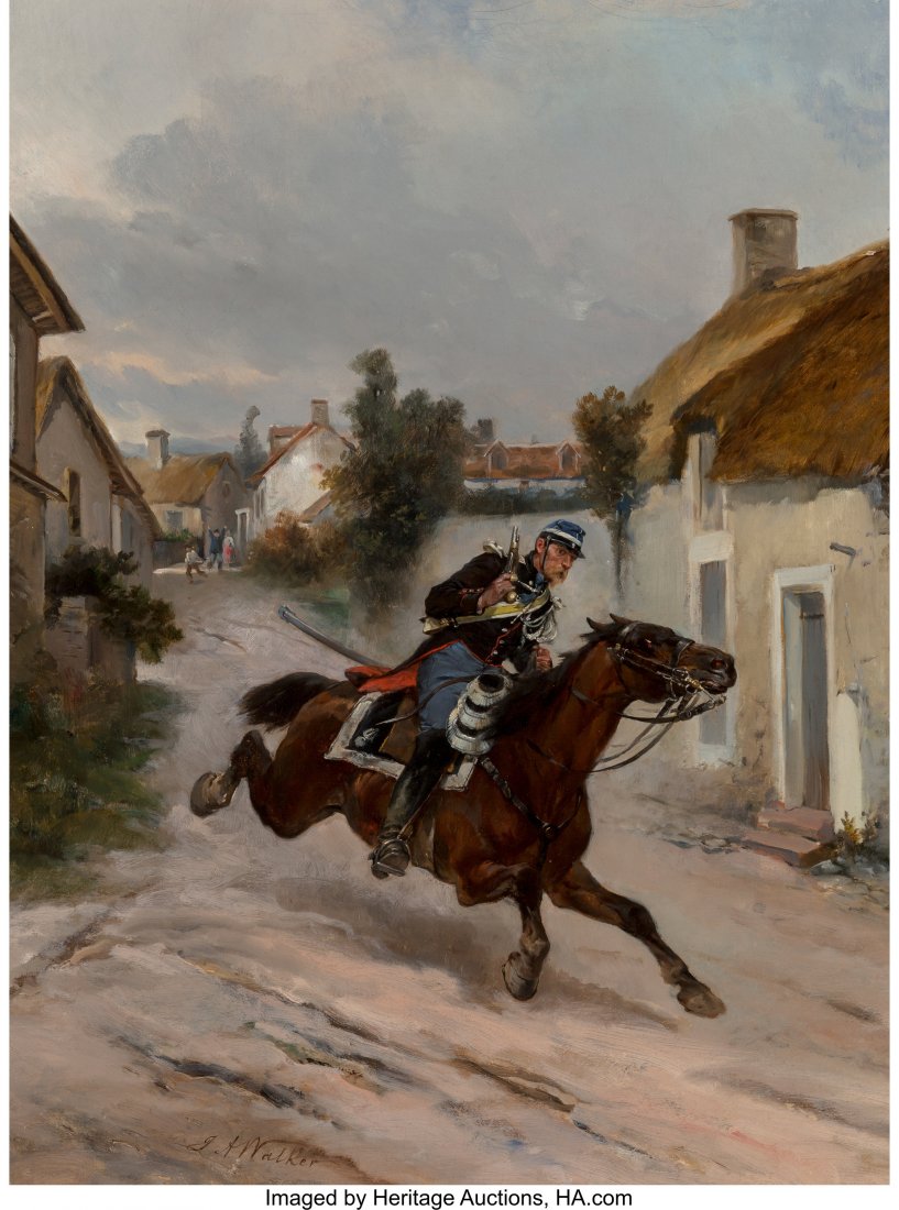 James Alexander Walker (British, 1841-1898) Sold: James Alexander Walker (British, 1841-1898) Soldier Riding Through Town Oil on canvas 26 x 20 inches (66.0 x 50.8 cm) Signed lower left: J.A. Walker HID03101062020 © 2020 Heritage Auctions | All 