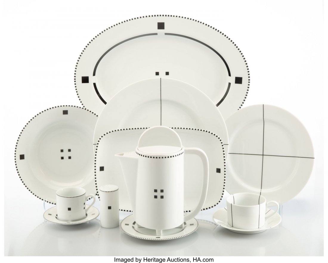 A Thirty-Six Piece Swid Powell Tuxedo Black Patt: A Thirty-Six Piece Swid Powell Tuxedo Black Pattern and Signature Black Pattern Porcelain Dinner Service for Four, New York, circa 1985 Marks: © Swid Powell, (various) 16-1/4 inches (41.3 cm) (lo