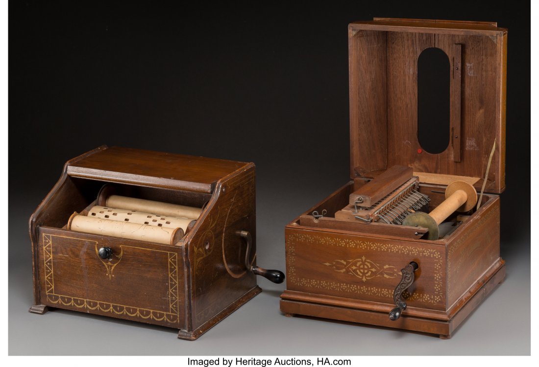 A Gately Automatic Walnut Organ and a Mahogany M: A Gately Automatic Walnut Organ and a Mahogany Musical Casket No. 2, circa 1880 9-3/4 x 13-1/8 x 10-3/4 inches (24.7 x 33.3 x 27.3 cm) (larger) Both instruments are mechanical organs that operate with