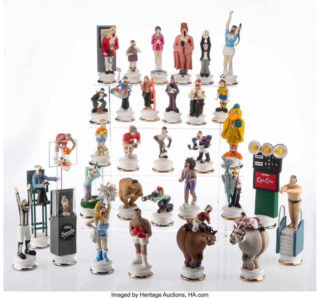 A Thirty-Two Piece Doug Anderson Sports Hand Scu: A Thirty-Two Piece Doug Anderson Sports Hand Sculpted and Painted Chess Set, San Francisco, circa 1985 Marks: ANDERSON, 6/25 11 inches (27.9 cm) (tallest) The Sports themed chess set is an original ha