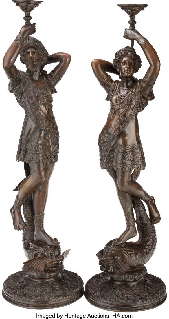 A Large Pair of Continental Bronze Figural Candl (1 of 2)