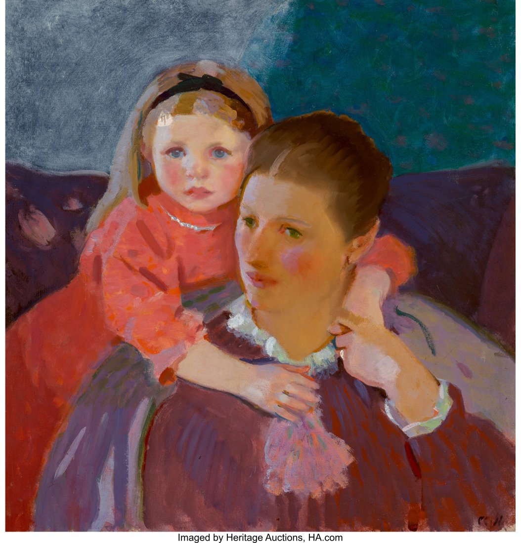 Charles Sydney Hopkinson (American, 1869-1962) E: Charles Sydney Hopkinson (American, 1869-1962) Elinor, the Artist's Wife, with Ibby, their Daughter Oil on canvas 25-1/2 x 24-1/2 inches (64.8 x 62.2 cm) Initialed lower right: C. H. Property of a New