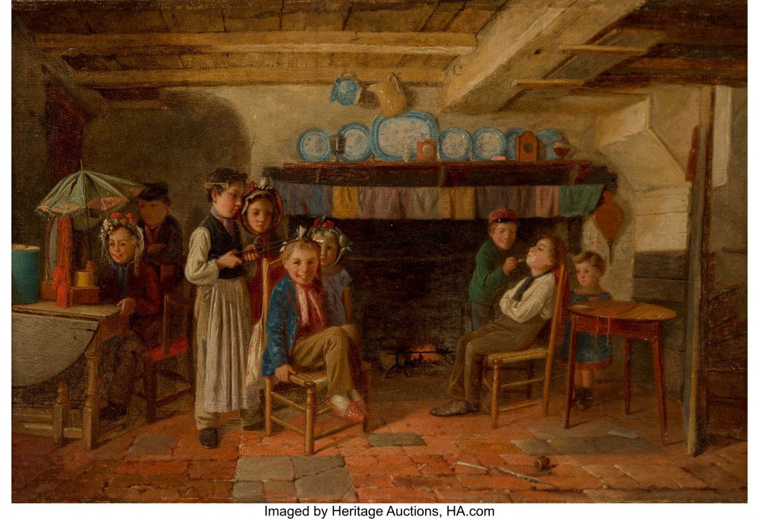 Charles Hunt (British, 1803-1877) At the Hairdre: Charles Hunt (British, 1803-1877) At the Hairdresser's, 1863 Oil on canvas 9 x 13-1/2 inches (22.9 x 34.3 cm) Signed and dated lower right: C. Hunt / 1863 Signed on the stretcher bar: C. Hunt HID03101