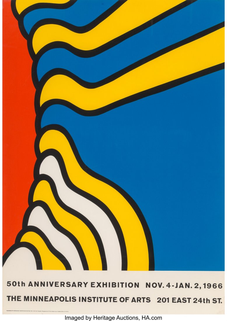 After Nicholas Krushenick (American, 1929-1999) : After Nicholas Krushenick (American, 1929-1999) 50th Anniversary Minneapolis Institute of Arts Exhibition poster, 1966 Screenprint on paper 35 x 25 inches (88.9 x 63.5 cm) Property of the McNay Art Mu