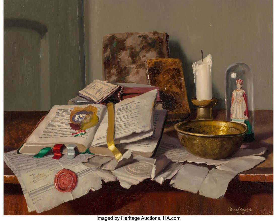 Arpád Romek (Hungarian, 1883-1960) Still: Arpád Romek (Hungarian, 1883-1960) Still Life with Books, Brass Bowl, and Candle Oil on canvas 16 x 20 inches (40.6 x 50.8 cm) Signed lower right: Romek Arpád PROVENANCE: Allen Art Galle