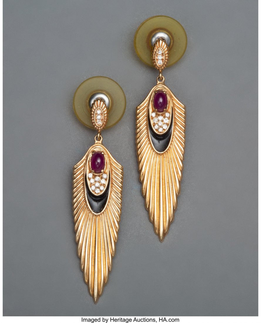 A Pair of Erté Rayonnement 14K Gold, Ruby (1 of 1)