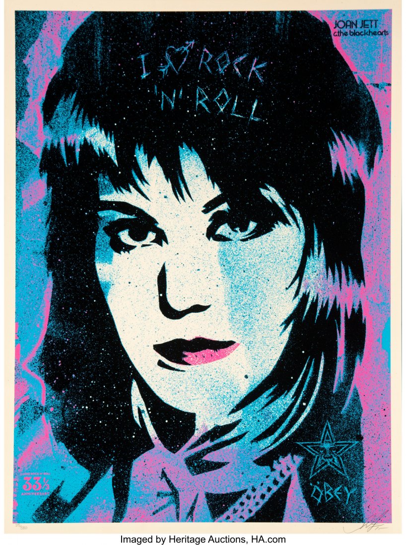 Shepard Fairey (b. 1970) I Love Rock 'N' Roll 33: Shepard Fairey (b. 1970) I Love Rock 'N' Roll 33 1/3, 2015 Screenprint in colors on speckled cream paper 24 x 18 inches (61 x 45.7 cm) (sheet) Ed. 372/550 Signed, numbered, and dated in pencil along l