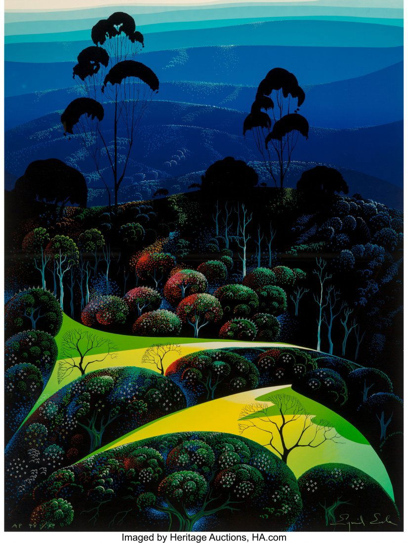 Eyvind Earle (1916-2000) Inland from the Sea, la: Eyvind Earle (1916-2000) Inland from the Sea, late 20th century Serigraph in colors on paper 33 x 25 inches (83.8 x 63.5 cm) (sheet) A.P. 48/50 Signed and numbered along lower edge HID03101062020 &cop