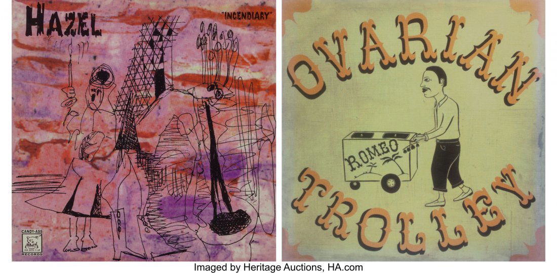 Margaret Kilgallen (1967-2001) Ovarian Trolley,: Margaret Kilgallen (1967-2001) Ovarian Trolley, c. 1997 Offset lithograph in colors with 7" record 7-1/4 x 7-1/4 inches (18.4 x 18.4 cm) Produced by Candy-Ass Records HID03101062020 © 2020 Herita