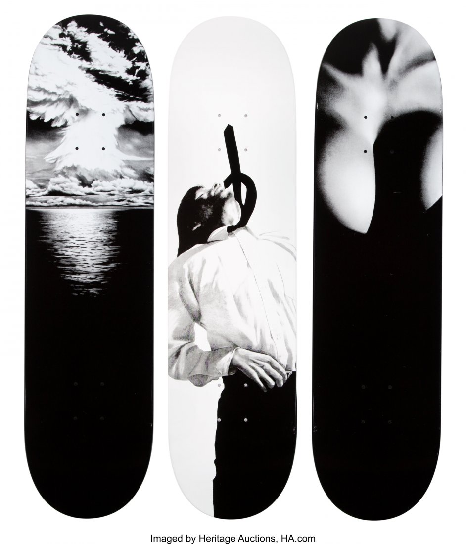 Robert Longo X Supreme Set of Three Skatedecks,: Robert Longo X Supreme Set of Three Skatedecks, 2011 Offset lithographs on skate decks 32 x 8 inches (81.3 x 20.3 cm) (each) Produced by Supreme, New York HID03101062020 © 2020 Heritage Auctions