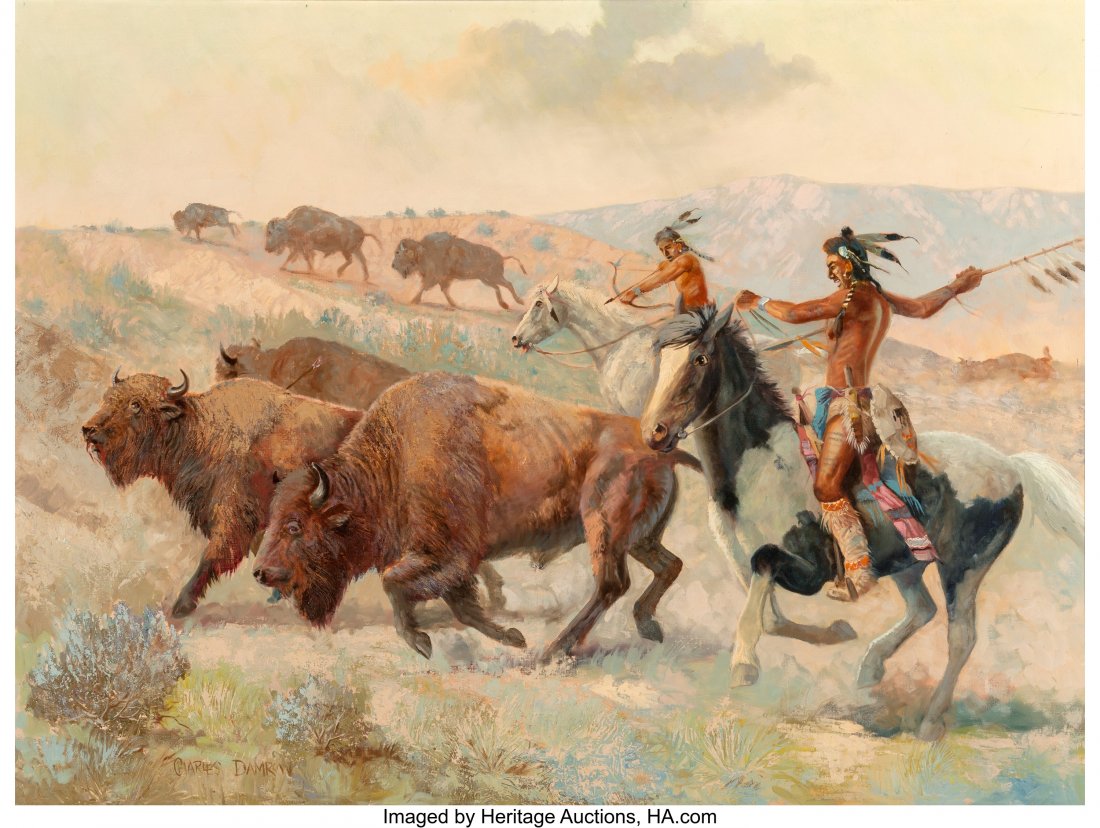 Charles Damrow (American, 1916-1989) Buffalo Hun: Charles Damrow (American, 1916-1989) Buffalo Hunt Oil on canvas 36 x 48 inches (91.4 x 121.9 cm) Signed lower left: Charles Damrow HID03101062020 © 2020 Heritage Auctions | All Rights Reserved